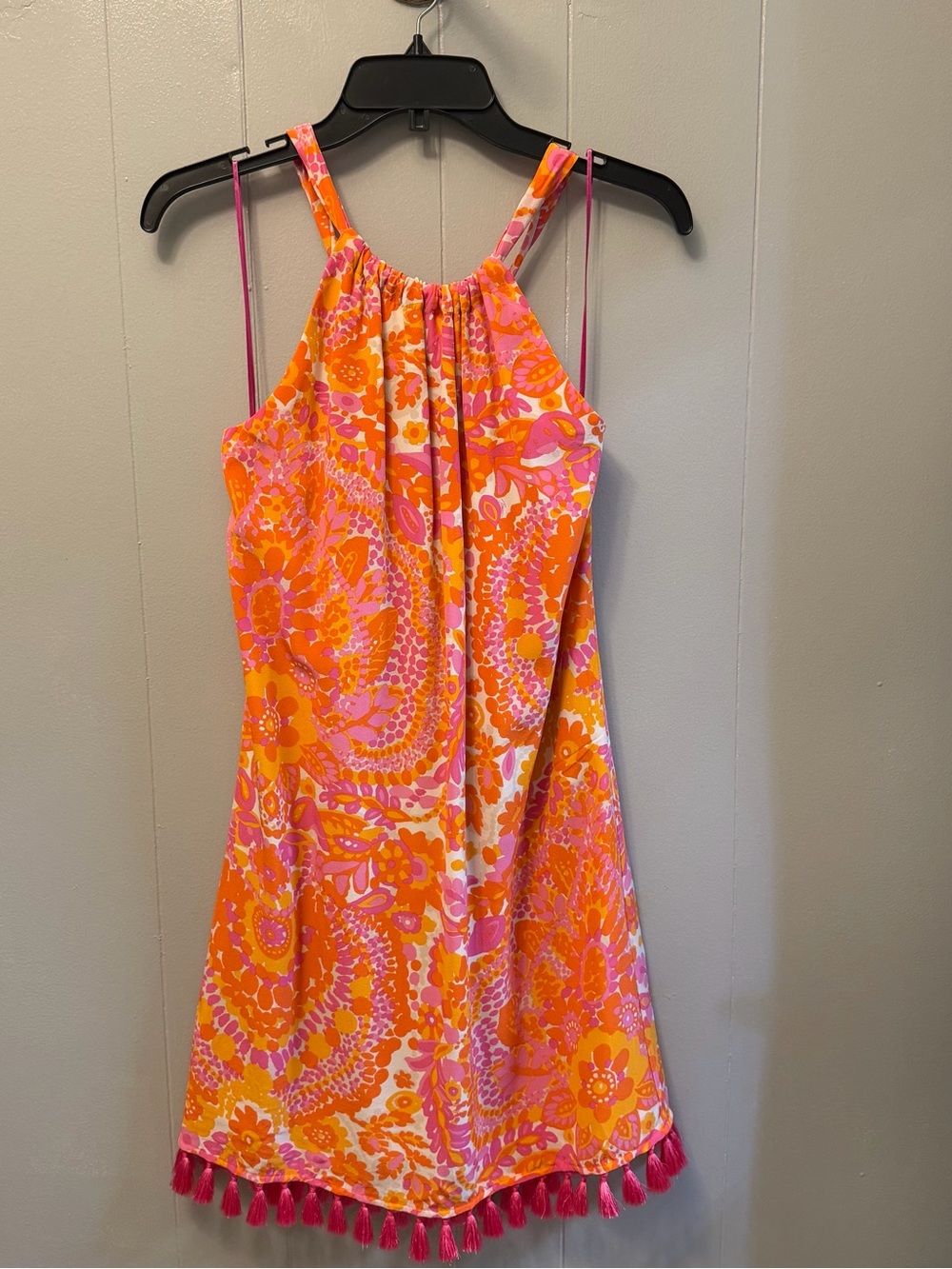 Trina Turk Pink and Orange Floral Halter Dress with Tassel Trim